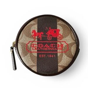 Coach Khaki Brown & Red Horse & Carriage Round Tattersall Coin Pouch